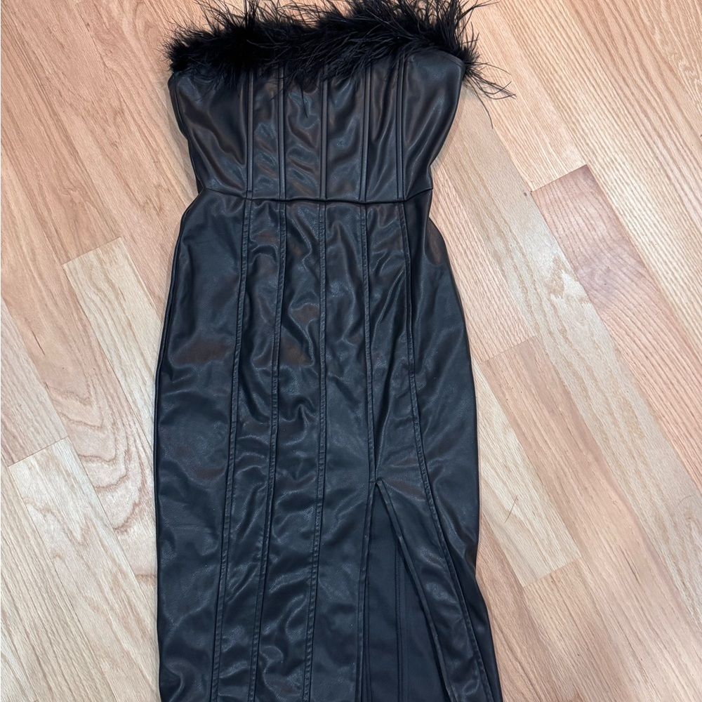 Fate Strapless Black Faux-Leather Dress with Feather Trim